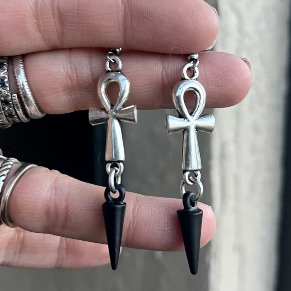Ankh set dangky black spikes stainless steel chain adjustable boho goth silver - Picture 2 of 12